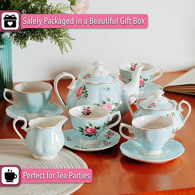 BTaT- Floral Tea Sets for Adults, 13 pcs, Service for 4, Pot (38 oz) & Cups (8 oz) with Saucers, Pastel Blue Floral Design, Porcelain Tea Set for Adult, Dishwasher Safe