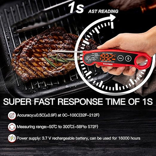 1-Second Rapid and Accurate Meat Thermometer - Waterproof Multifunctional Kitchen Food Thermometer, Ideal for Frying, Smoking, Grilling and More(Red)