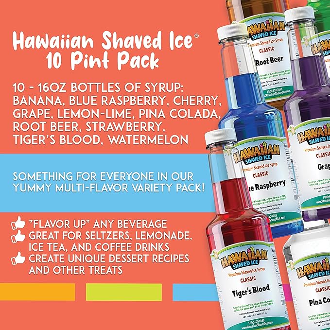 Hawaiian Shaved Ice Syrup Variety Pack - 10 Premium Snow Cone Flavors - Long-Lasting Shaved Ice Flavorings for Home & Business Use - 16oz Bottles