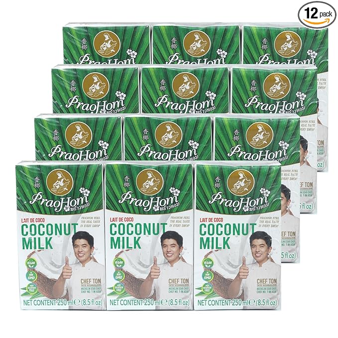 Praohom Coconut Milk 8.5 Fl Oz - Plant Based, Dairy Free Milk Alternative - Pure and Rich Thai Coconut Milk - No Added Sugar - Ideal for Cooking and Baking (250ml (pack of 12))