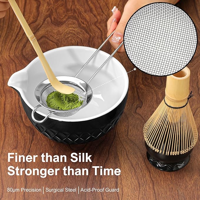 Matcha Whisk Set, 7 Pcs Matcha Kit, Ceramic Matcha Set Includes Matcha Bowl with Spout, Matcha Whisk and Holder, Bamboo Scoop, Scoop Rest, Sifter and Tea Towel (Onyx Black)