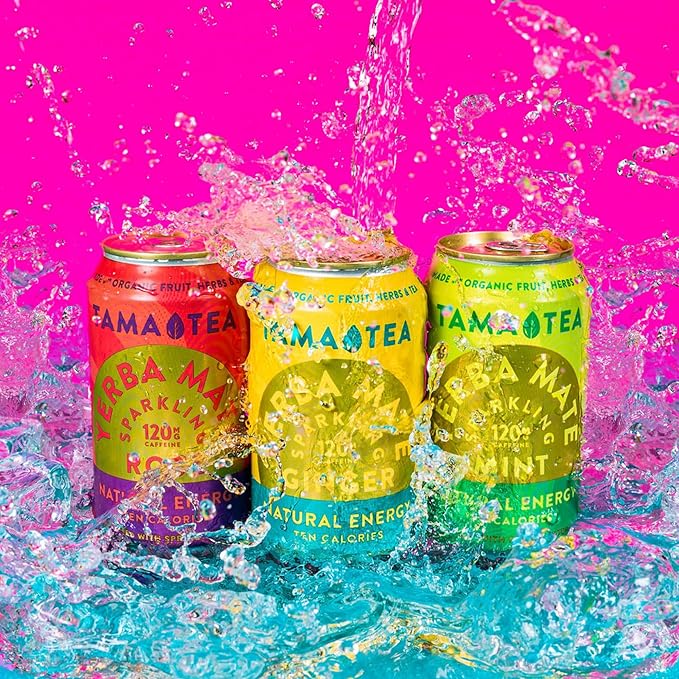 Sparkling Ginger Yerba Mate by Tama Tea - Unsweetened Natural Energy Drink with Real Fruit & Herbs - Healthy Caffeine Drink Alternative - 120mg of Brain-Boosting Caffeine, 10 Calories - 12oz Pack of 12