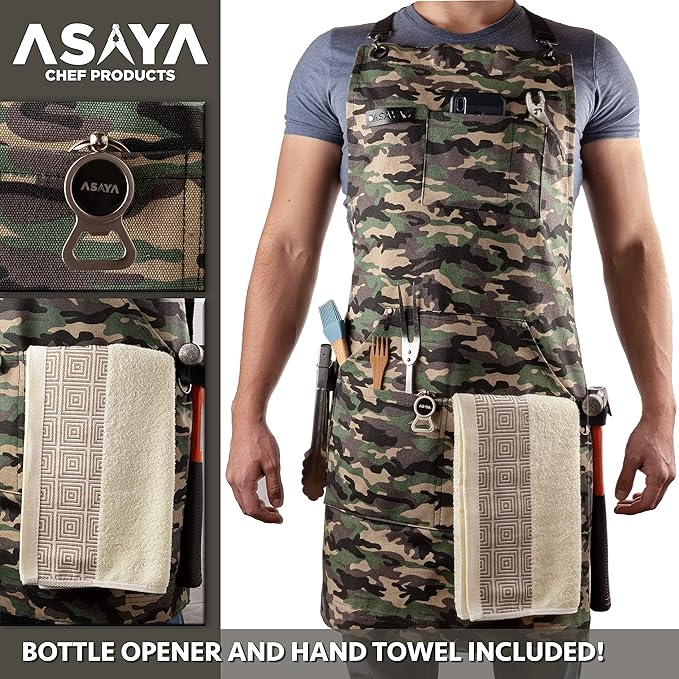 Asaya Chef and BBQ Apron with Bottle Opener and Hand Towel - 10oz Cotton Canvas, Stainless Steel Hardware - Cross Back Straps