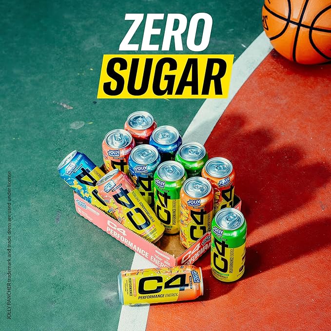 Cellucor C4 Performance Energy Drink | JOLLY RANCHER Watermelon | Zero Sugar Carbonated Preworkout Energy | 200mg Caffeine with Beta Alanine | 16 Fl Oz (24 Pack)