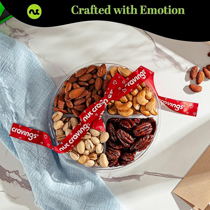 NUT CRAVINGS - Thanksgiving Mixed Nuts Gift Basket + Heart Ribbon (4 Assortments) Holiday Xmas Christmas Food Arrangement, Healthy Snack Care Package, Food Assortments