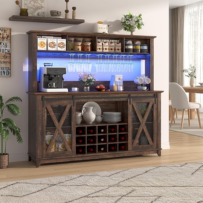 63"W Farmhouse Coffee Bar Cabinet with LED Light,Wine Bar Cabinet w/ 4 Tier Storage Hutch,Kitchen Buffet Cabinet w/Sliding Barn Door & 15 Wine and Glass Racks for Kitchen Dining Room(Brown)