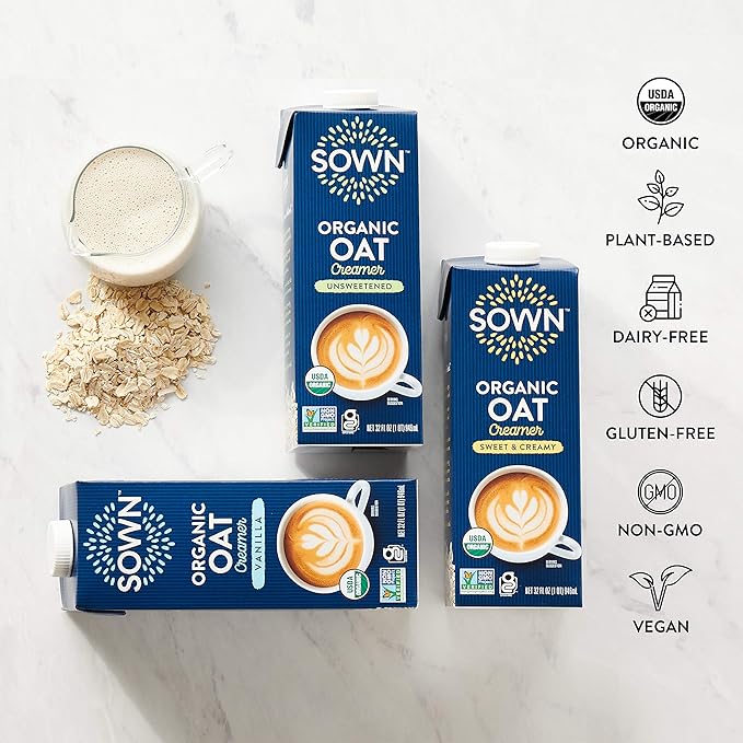 SOWN Organic Oat Creamer Vanilla - Barista Oat Milk Non Dairy Coffee Creamer - Plant Based, Dairy-Free, Vegan, Gluten-Free, Non-GMO, Shelf Stable - 32oz (Pack of 6)