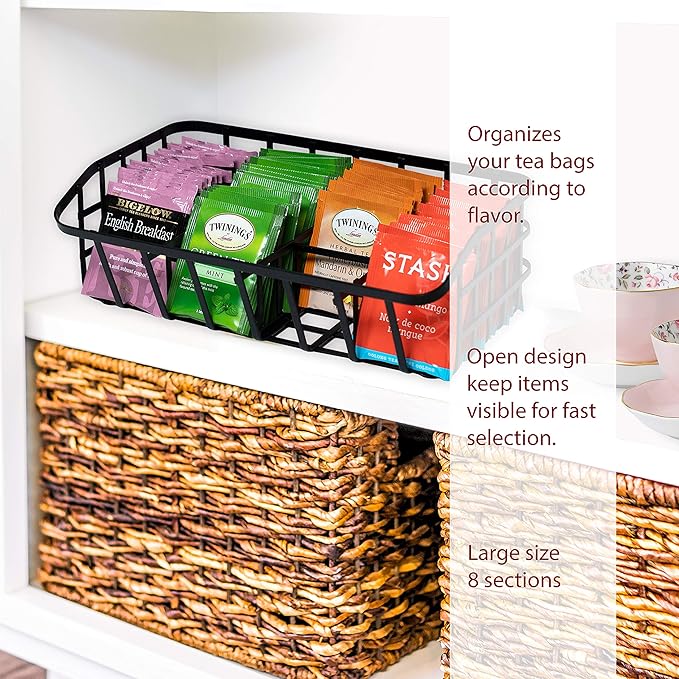 Tea Bag Organizer Caddy - Metal Tea Box Storage Holder for Cups, Pods, Packets, Condiment Accessories - Black