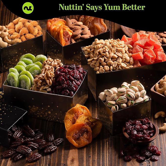 NUT CRAVINGS - Thanksgiving Dried Fruit & Mixed Nuts Gift Basket in Black Tower + Ribbon (12 Assortments) Holiday Xmas Christmas Food Arrangement, Healthy Snack Care Package