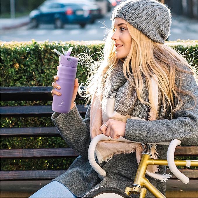 IDEUS Insulated Stainless Steel Water Bottle with 2 Leak-Proof Lids, Thermal Water Flask for Hiking Biking, 24oz, Violet