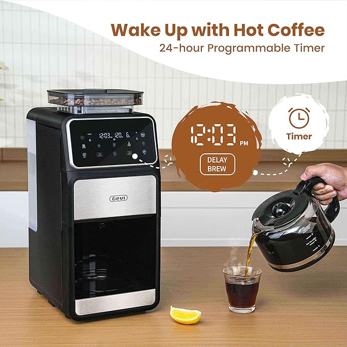 Gevi 10-Cup Grind & Brew Coffee Maker with Built-in Burr Grinder – Programmable Touch Screen, 4-Hour Keep Warm, Permanent Filter, Drip Coffee Machine for Home & Office