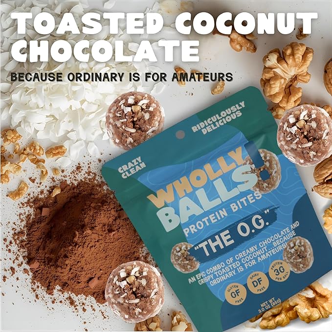 Wholly Balls Protein Bites – Healthy Plant-Based Snack | High Protein, Low Sugar, Gluten-Free Energy Balls (Pack of 3, O.G)