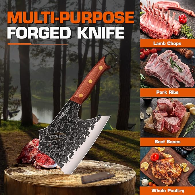 TUO Wild Forged Meat & Bone Cleaver Knife, 7 inch Heavy Duty Butcher Knife with Sheath, Bone Cutter for Meat Cutting, Kitchen Outdoor Cooking, Gift - Red Sandalwood Handle