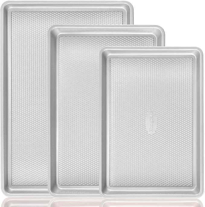 HONGBAKE Baking Sheet Pan Set, Cookie Sheets for Oven, Nonstick Half/Quarter/Jelly Roll Pans with Diamond Texture Pattern, Heavy Duty Cookie Tray, Silver