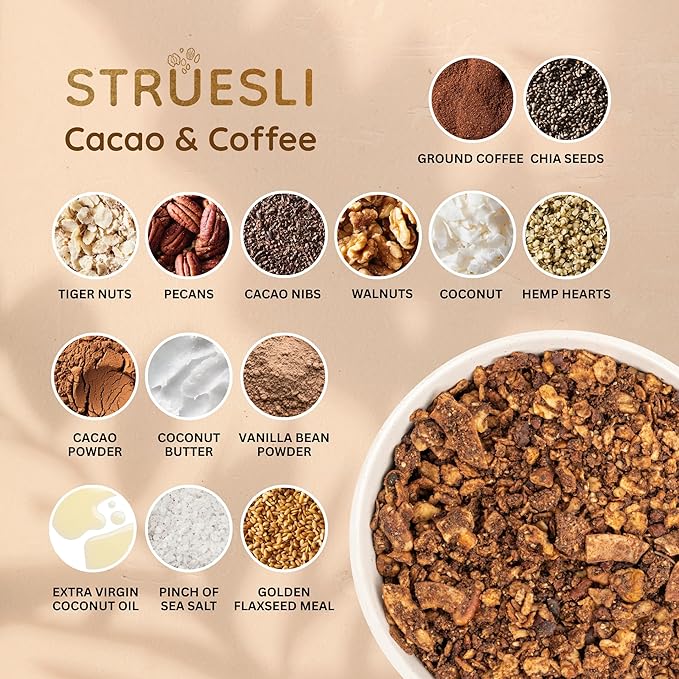 Struesli Cacao + Coffee Organic Granola, Grain & Gluten Free, Healthy Snacks with Cacao, Coffee, Tiger Nuts, Pecans, Walnuts, Hemp Hearts & Coconut Flakes, Plant Based, Keto & Paleo, 9 Oz, 2 Pack