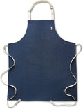 Solino Home Linen Kitchen Apron for Men & Women - 100% Pure Linen Indigo/Ivory Bib Apron with Front Pockets - Handcrafted from European Flax