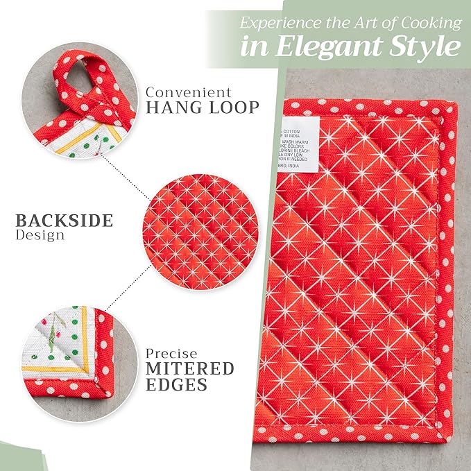 Maison d' Hermine Pot Holders Set 100% Cotton Heat Resistant Potholders 8" x 8" Hot Pads with Loop BBQ, Cooking, Baking, Grilling, Kitchen, Handling Hot Pans (Pack of 2, Poinsettia Christmas)