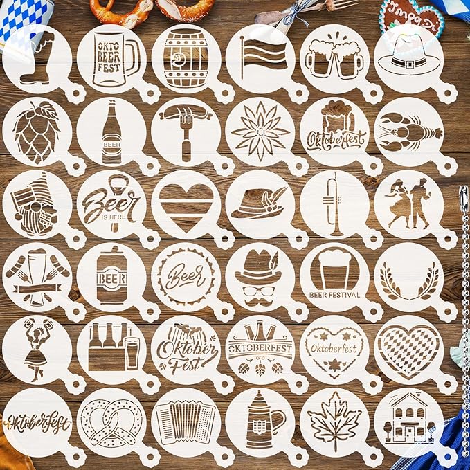 JULBEAR 36 Pieces Reusable Oktoberfest Cookie Cake Stencils Bavarian Style Templates Mold Tools for Oktoberfest Party Cookies Baking Painting Coffee Decoration