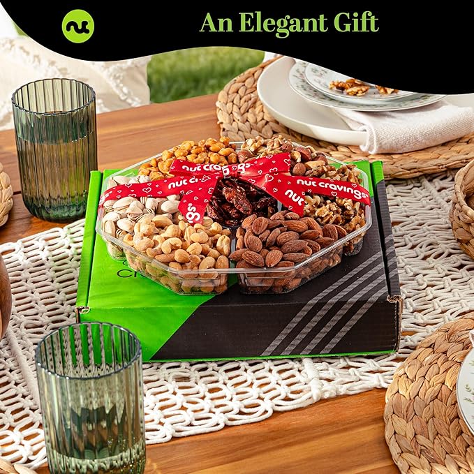 NUT CRAVINGS - Thanksgiving Mixed Nuts Gift Basket + Heart Ribbon (7 Assortments) Holiday Xmas Christmas Food Arrangement, Healthy Snack Care Package, Food Assortments