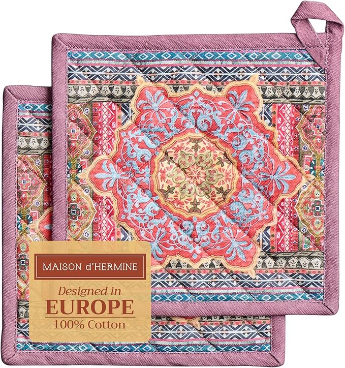 Maison d' Hermine Pot Holders Set 100% Cotton Heat Resistant Potholders 8" x 8" Hot Pads with Loop BBQ, Cooking, Baking, Grilling, Kitchen, Handling Hot Pans (Pack of 2, Ispahan)