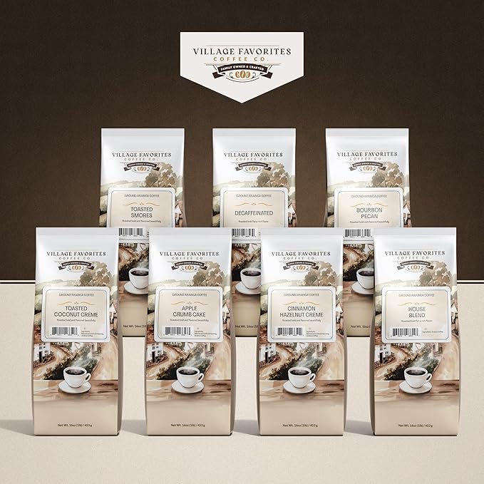 Village Favorites Flavored Coffee – Low Acid, Mold-Free, 100% Arabica, Slow Roasted Medium Roast, Smooth & Stomach Friendly, Ground, 1LB Bag (16oz)- Kosher (16oz, Apple Crumb Cake)