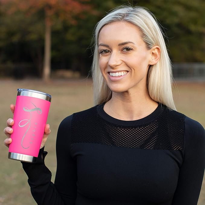 Personalized Tumbler with Engraved Name - 12 Designs, 20 Oz Coffee Tumbler with Slider Lid, Soft Pink, Double Wall Insulated - Custom Gifts for Women