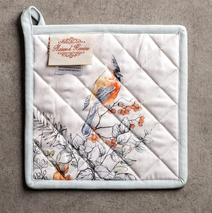 Maison d' Hermine Pot Holders Set 100% Cotton Heat Resistant Potholders 8" x 8" Hot Pads with Loop BBQ, Cooking, Baking, Grilling, Kitchen, Handling Hot Pans (Pack of 2, Whitish Shabby Chique)