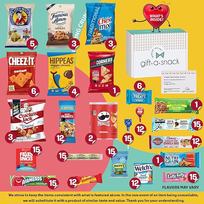 Gift A Snack - Thanksgiving, Holiday, Christmas Stocking Stuffer Snack Box Care Package Variety Pack + Greeting Card (200 Count) Birthday Sweet Treats Gift Basket, Candies Chips Crackers Bars