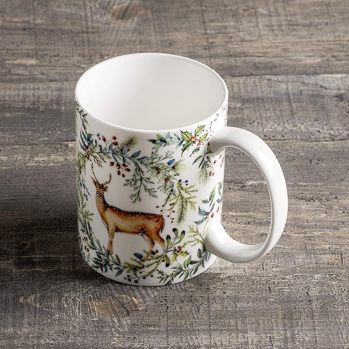 Maison d' Hermine Coffee Mug with Handles Fine Bone China Mugs Pack of One Tea Cups for Hot Beverages Cappuccino Latte Home Restaurant Office Perfect for Gift (Holly Time - Biche, 15 Ounce)