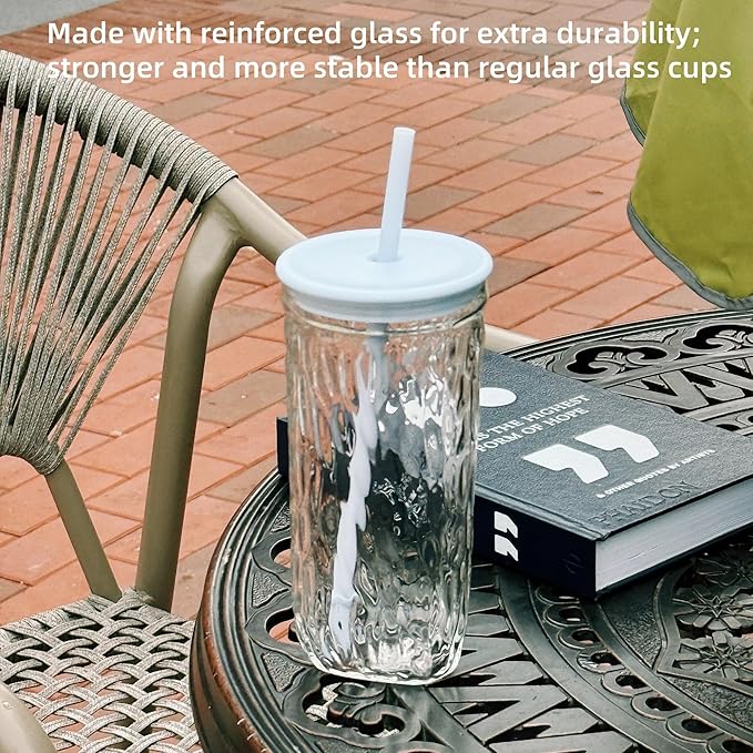 Bark Texture Glass Tumbler with Lid and Straw, Reusable Glass Cup for Coffee, Juice, Water, Tea, Smoothies, Heat Resistant, Dishwasher & Microwave Safe –16 oz Aesthetic Iced Coffee cup