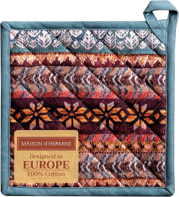 Maison d' Hermine Pot Holders 100% Cotton Heat Resistant Potholders 8" x 8" Hot Pads with Loop BBQ, Cooking, Baking, Grilling, Kitchen, Handling Hot Pans (Pack of 1, Fair Isle)