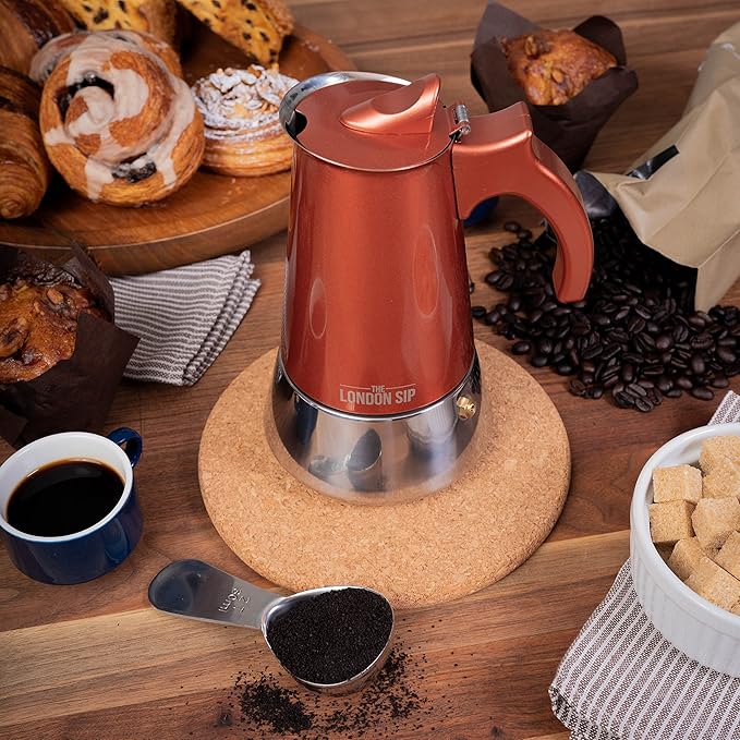 London Sip Stainless Steel Stovetop Espresso Maker Moka Pot Italian Coffee Percolator, Copper, Small (5.07 oz)