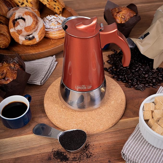 London Sip Stainless Steel Stovetop Espresso Maker Moka Pot Italian Coffee Percolator, Copper, Medium (10.14 oz)