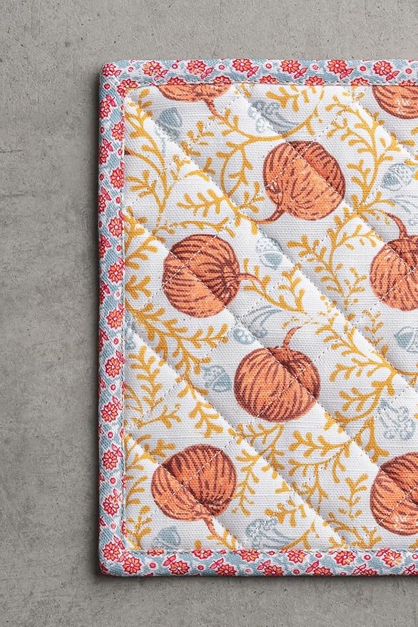 Maison d' Hermine Pot Holders Set 100% Cotton Heat Resistant Potholders 8" x 8" Hot Pads with Loop BBQ, Cooking, Baking, Grilling, Kitchen, Handling Hot Pans (Pack of 2, Harvest Festival)