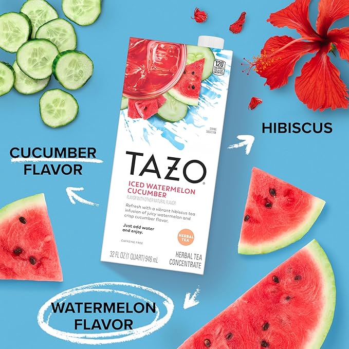 TAZO Tea Concentrate, Organic Skinny Chai Latte, Refreshers Iced Watermelon Cucumber, & Iced Peach Mango 32 Fl Oz (1ea) (Variety Pack)