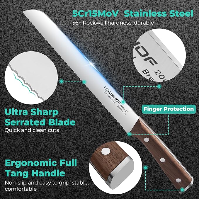 HAUSHOF Bread Knife with Sheath, 8-Inch Serrated Bread Knife for Homemade Bread, 5Cr15Mov Premium Stainless Steel Bread Cutter with Gift Box for Mom Dad, Full Tang and Ergonomic Handle