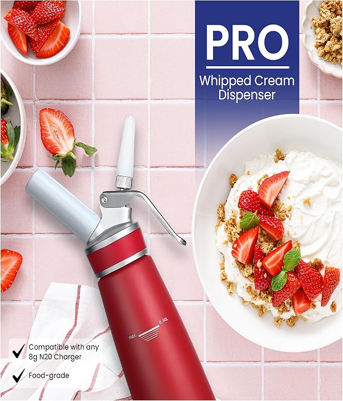 PRO Cream Dispenser, Durable High-Grip, Metal Lid with Rubber, 3 Nozzles, for Hot/Cold Use, Cleaning Brush Included, Red - 500 ml / 1 Pint