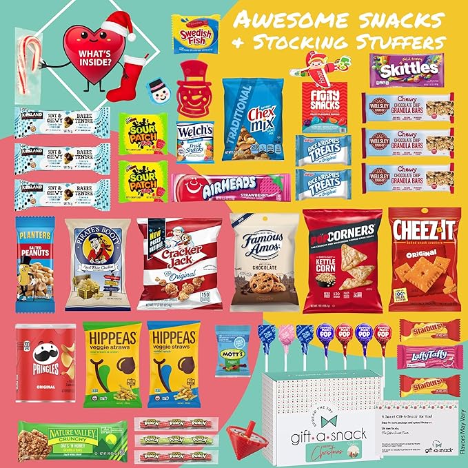 Gift A Snack - Christmas Candy Stocking Stuffers, Pre-filled Holiday Snack Box Care Package + Greeting Card (45 Count) Sweet Treats Gift Basket, Candies Chips Food Assortments & Variety Gifts