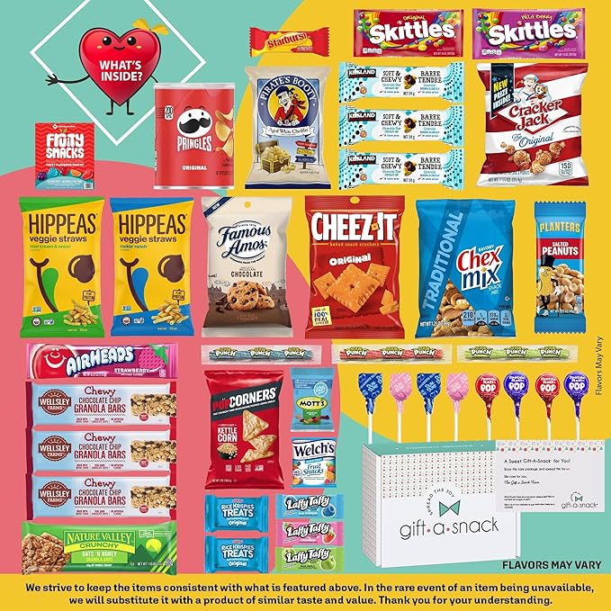 Gift A Snack - Thanksgiving, Holiday, Christmas Stocking Stuffer Snack Box Variety Pack Care Package + Greeting Card (40 Count) Birthday Sweet Treats Gift Basket, Candies Chips Crackers Bars