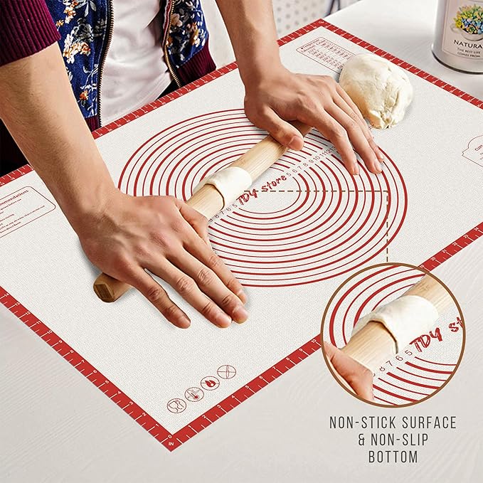 36 * 24 inches Red, Non-Slip Silicone Baking Sheets - Baking Mat with 0.7mm Thickness - Non-Stick Pastry & Cookie Mat for Kitchen Counter for Rolling Out Dough with Measurements.