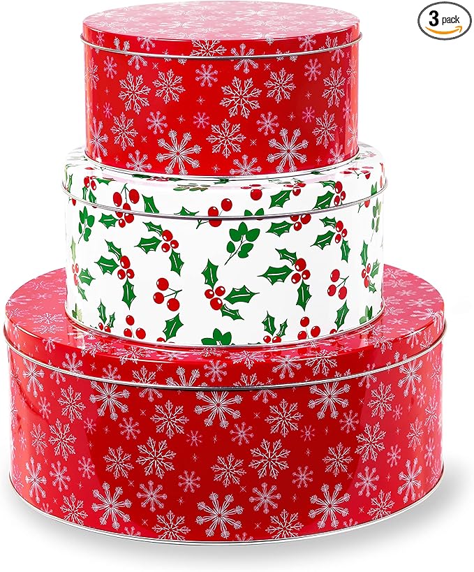 Steel Mill & Co Tin Containers with Lids, 3 Pack Christmas Cookie Tins, Festive Cookie Tins for Gift Giving & Holiday Treats, Round Metal Nesting Containers, Large Medium Small, Snowflake & Holly