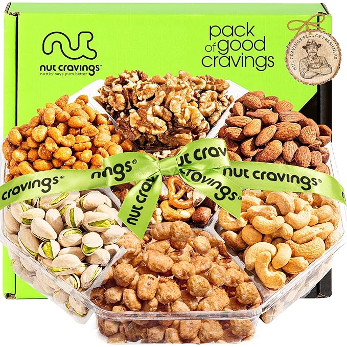 NUT CRAVINGS - Thanksgiving Mixed Nuts Gift Basket + Green Ribbon (7 Assortments, 1 LB) Holiday Xmas Christmas Food Arrangement, Healthy Snack Care Package, Food Assortments