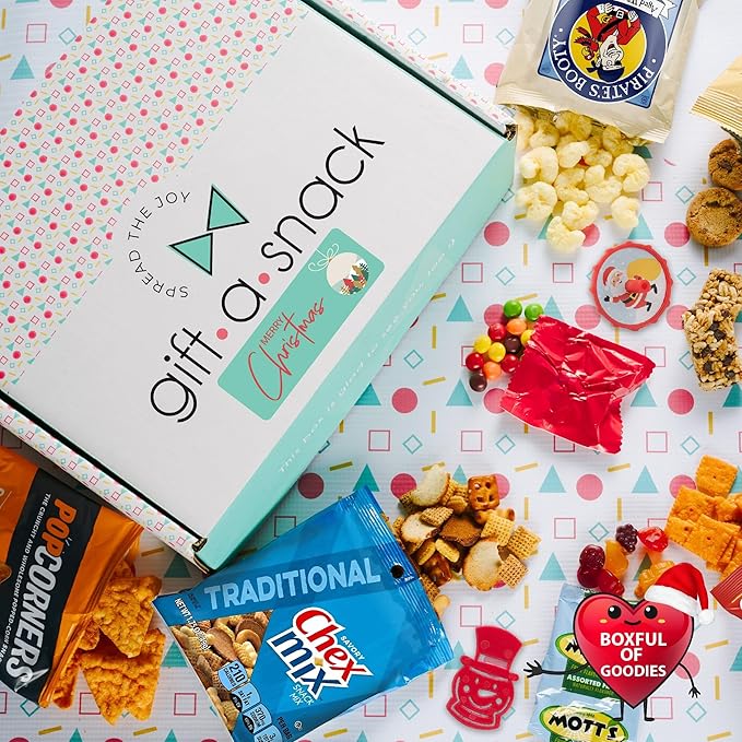Gift A Snack - Christmas Candy Stocking Stuffers, Pre-filled Holiday Snack Box Care Package + Greeting Card (60 Count) Sweet Treats Gift Basket, Candies Chips Food Assortments & Variety Gifts