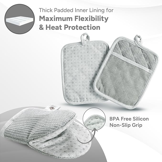 Casa Platino Heat Resistant Oven Mitts & Potholders, 4-Piece – Oven Mitts and Pot Holders Sets for Baking, Grilling & Microwave – Withstands Heat Up to 500°F, Non-Slip, Machine Washable – Grey
