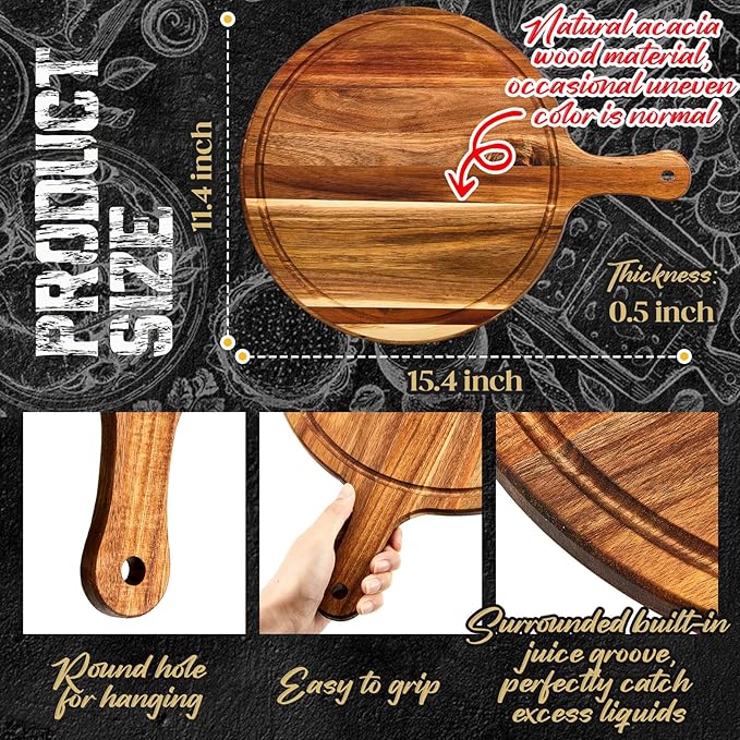 Nuenen 10 Pcs Round Wood Cutting Board with Handle Acacia Wooden Serving Kitchen Chopping Boards for Pizza, Bread, Cheese, Charcuterie, Fruit, Vegetables(Acacia)