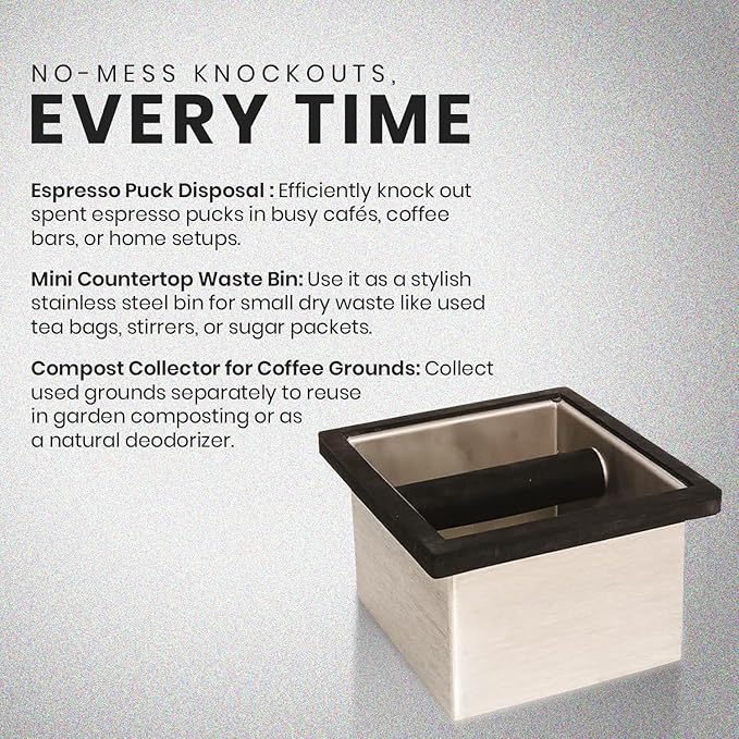 Rattleware Stainless Steel Knock Box 6"x5.5"x4" | Heavy-Duty Espresso Grounds Container with Welded Bar | Durable Rust-Resistant Coffee Knockout Box with Non-Slip Rubber Base for Professional Baristas