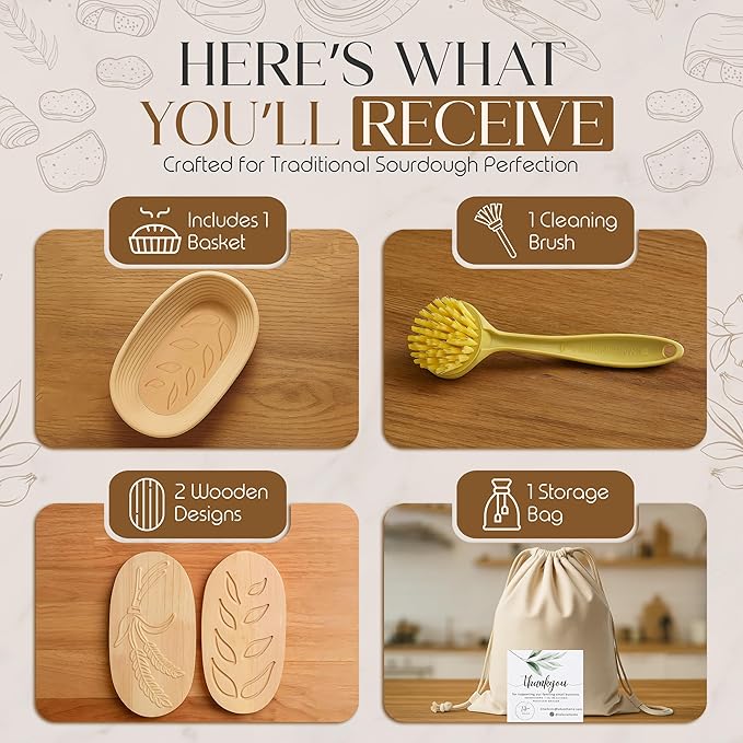 Premium Banneton Bread Proofing Basket - 9 Inch Oval Sourdough Banneton Basket With Built in Wooden Leaf and Wheat Stamp, Brush & Storage Bag - Sourdough Bread Baking Supplies