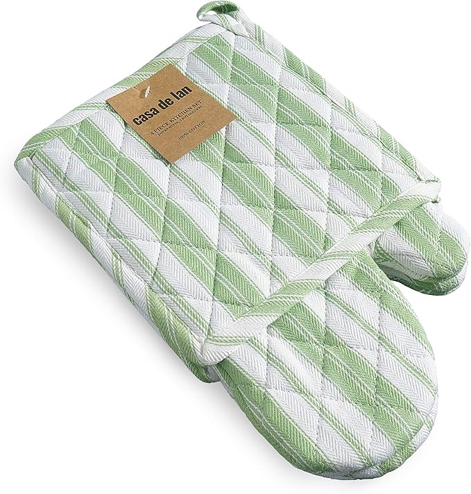 Oven Mitt & Potholder Set - Durable Heat Resistant Gloves - Thick Mittens for Kitchen - Suitable for Cooking, Baking, Grilling – BBQ - 1 Oven Mitts & 1 Potholders – Grass Green Stripes - Casa De Lan