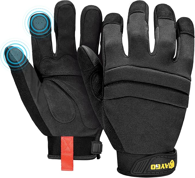 KAYGO Work Gloves For Men, KG125M Mechanic Utility Work Gloves for All Purpose, Excellent Grip, Heavy Duty, Improved Dexterity, Touch Screen,Black, L