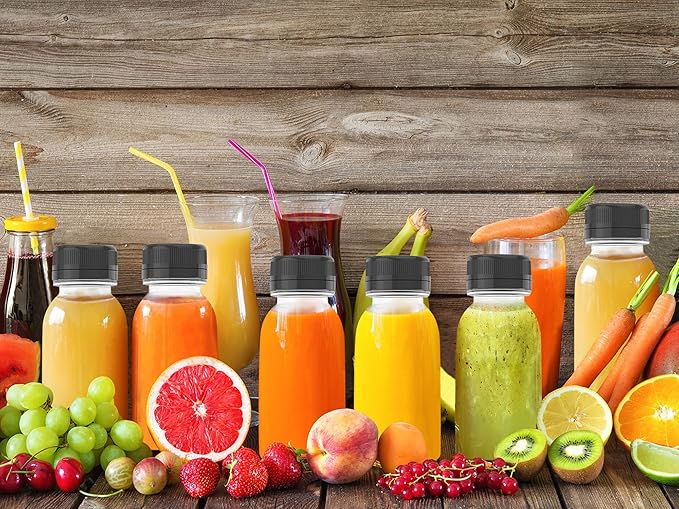 5 Pcs 8 oz Plastic Juice Bottle Reusable Transparent Bulk Beverage Containers with Black Lids for Juice, Drinking Milkshake Tea, Milk, Juicing Smoothie Water and Other Beverages, Fridge Storage